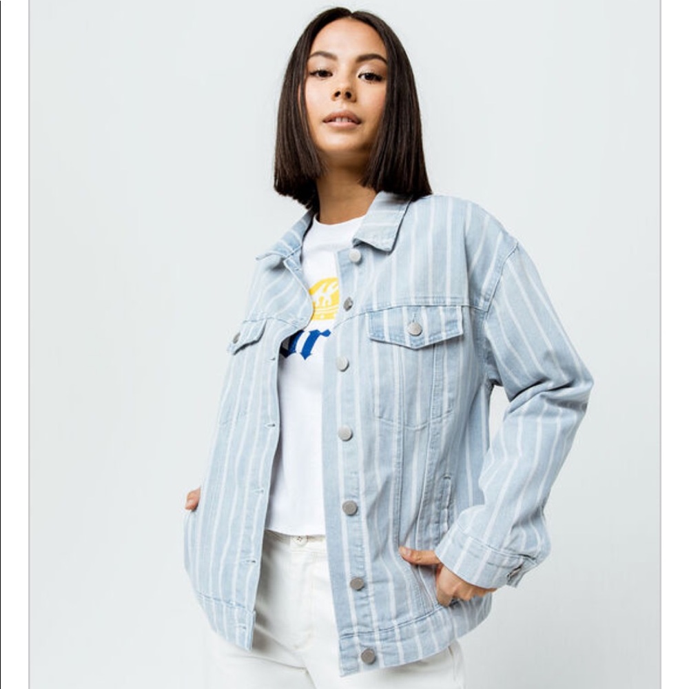 New Ivy + Main Striped Boyfriend Denim Jacket
